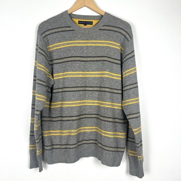 Tommy Hilfiger Soft Lambswool Gray Striped Sweater Men’s L Preppy Y2K Business - Picture 1 of 9